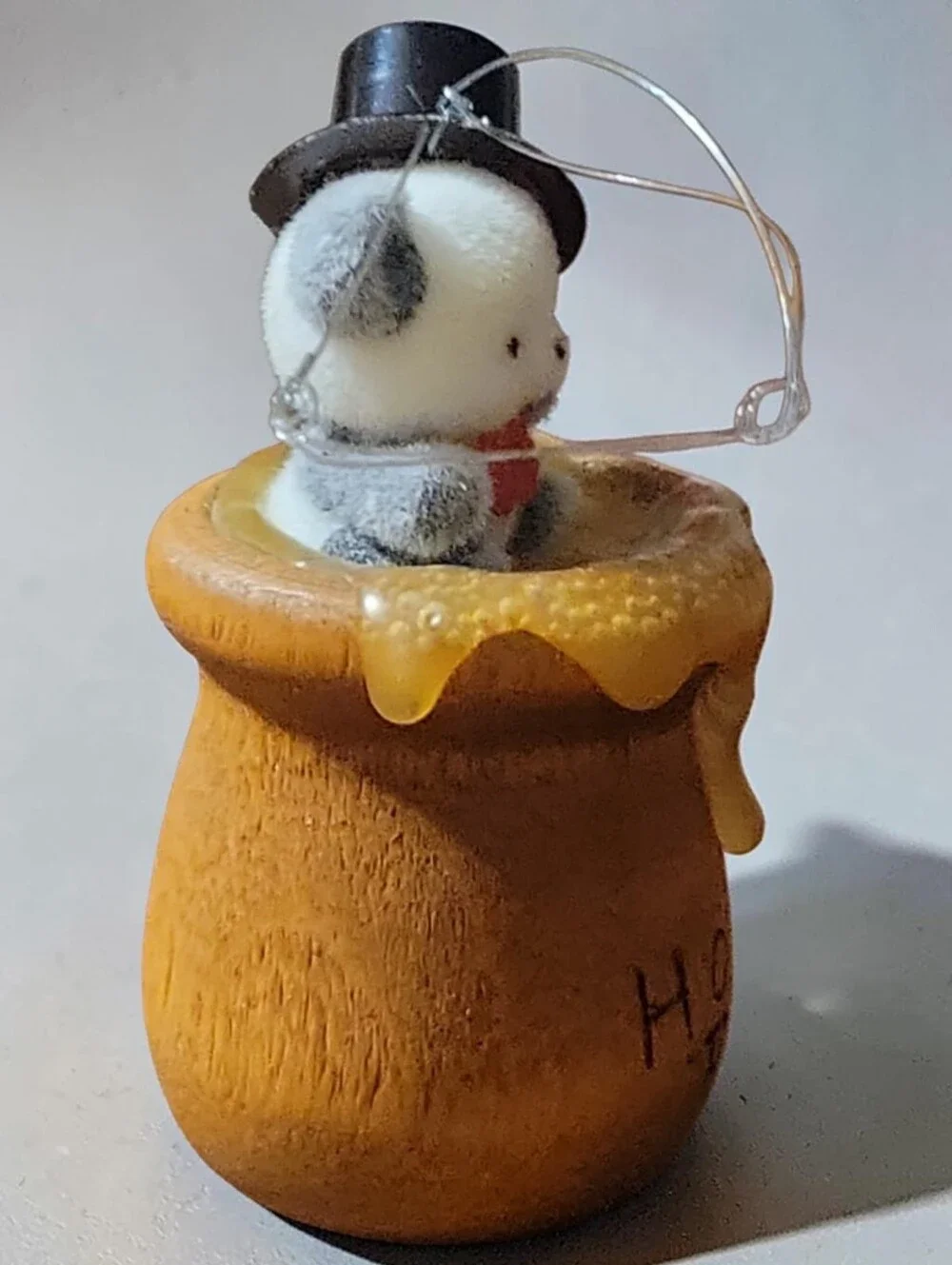 Vtg 80s Russ Berrie Flocked Teddy Bear Honey Pot Hanging Christmas Tree Ornament